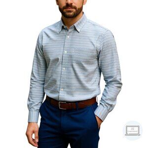 Alan Paine Mens Updated Fit Shirt Linen Cotton Blue Stripe Long Sleeve Size XL